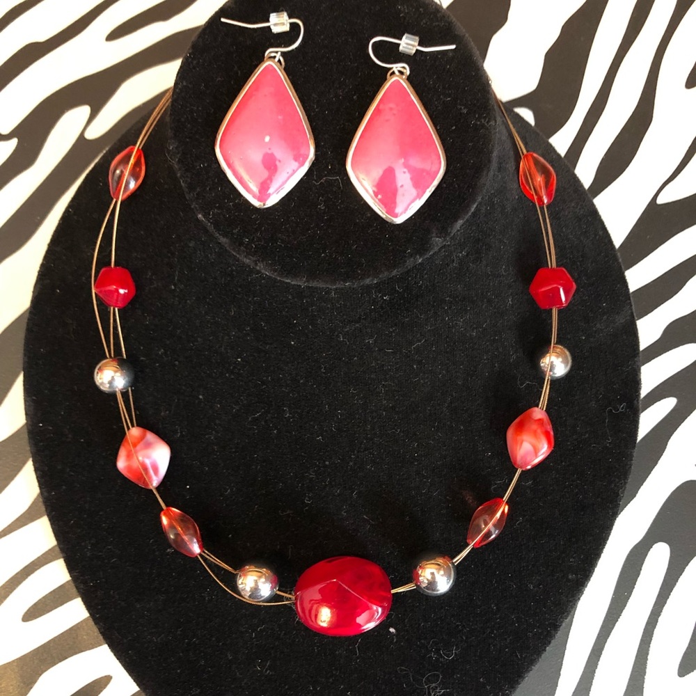 Pink, silver and red necklace and earrings